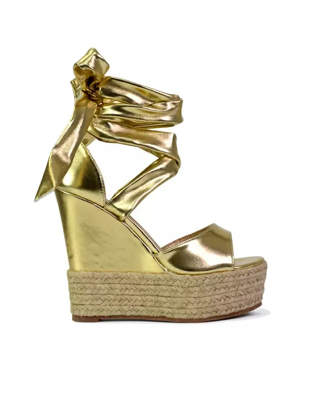 Sansa Strappy Lace up Woven Effect Platform High Heel Sandal Wedges In Gold