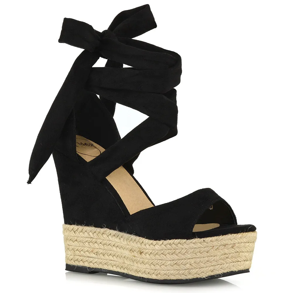 Sansa Strappy Lace up Woven Effect Platform High Heel Sandal Wedges In Gold