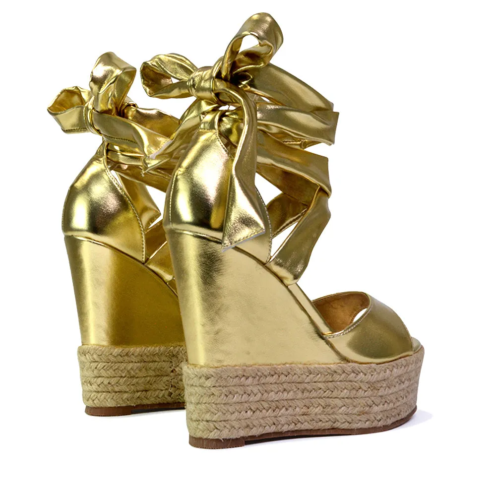 Sansa Strappy Lace up Woven Effect Platform High Heel Sandal Wedges In Gold