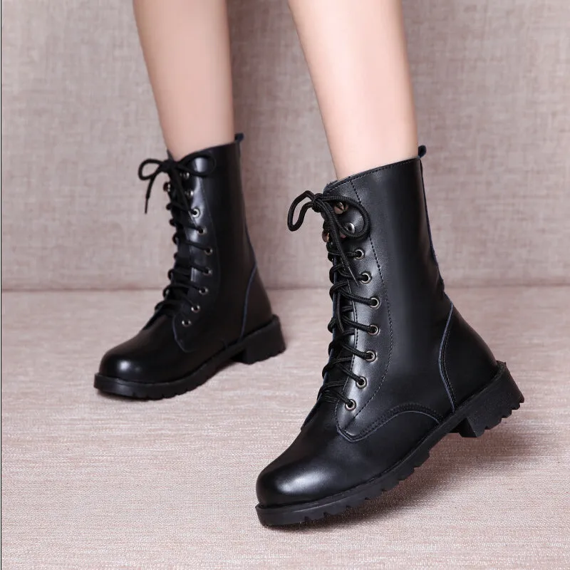 SH367 - Tube Black Lace-up Low Heel Martin Boots