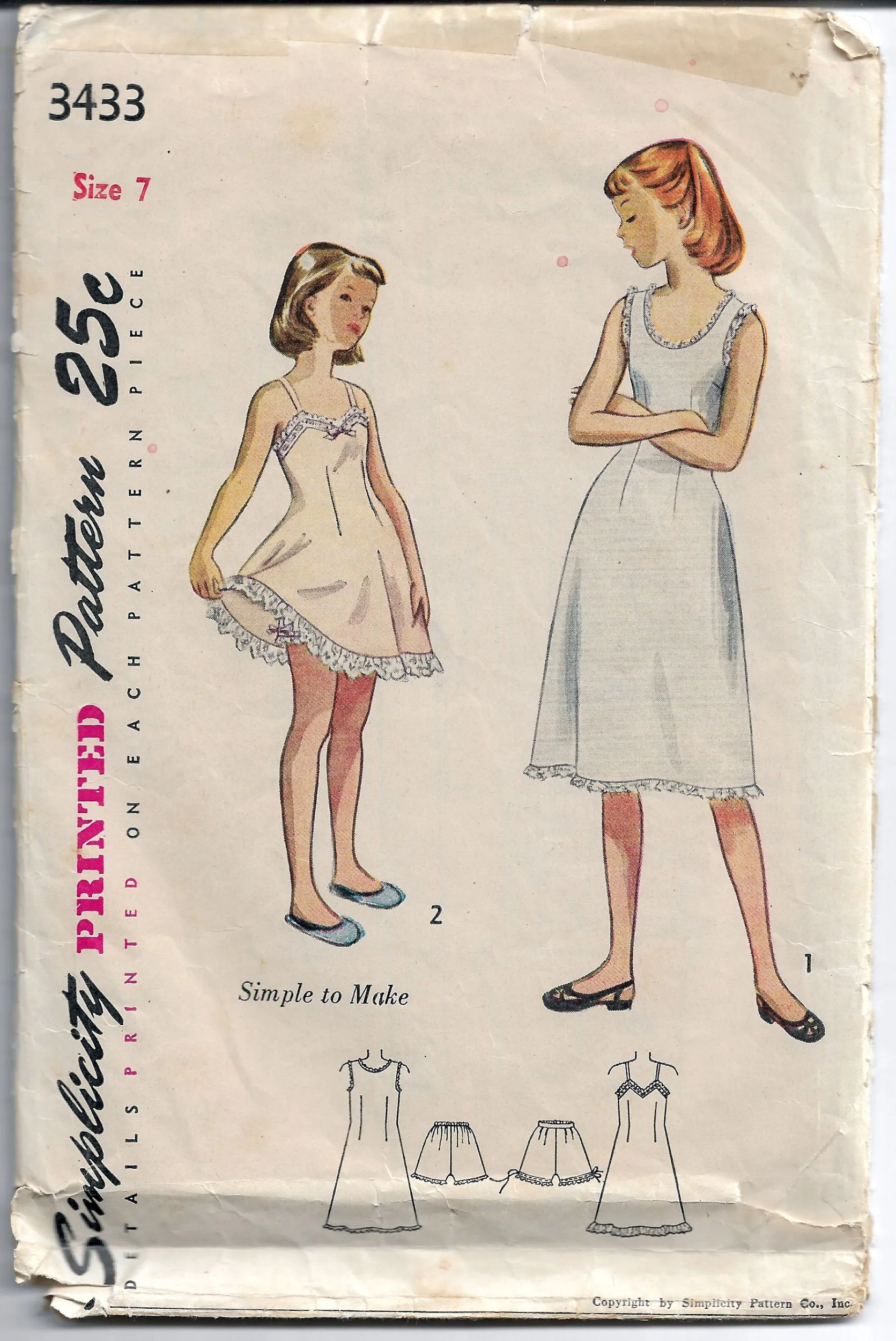 Simplicity 3433 Girls Lace Trimmed Slip Panties Vintage Sewing Pattern 1950s