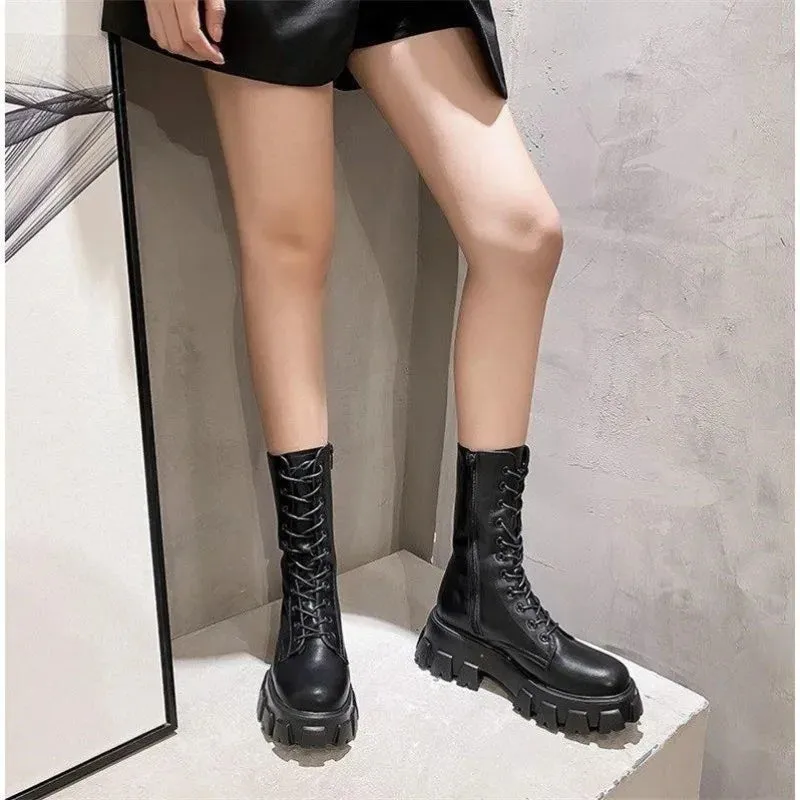 Sohiwoo New Mid Calf Boots Women Autumn Winter Fashion Lace-up Platform Ladies Chelsea Lace-up Botas Mujer Boots Sports Ladies Boots