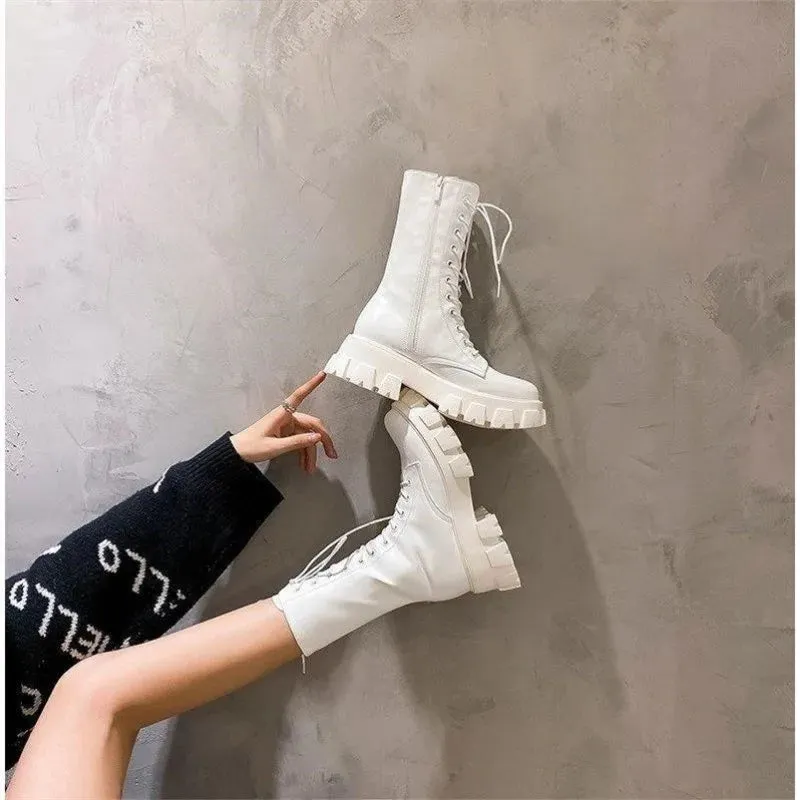 Sohiwoo New Mid Calf Boots Women Autumn Winter Fashion Lace-up Platform Ladies Chelsea Lace-up Botas Mujer Boots Sports Ladies Boots