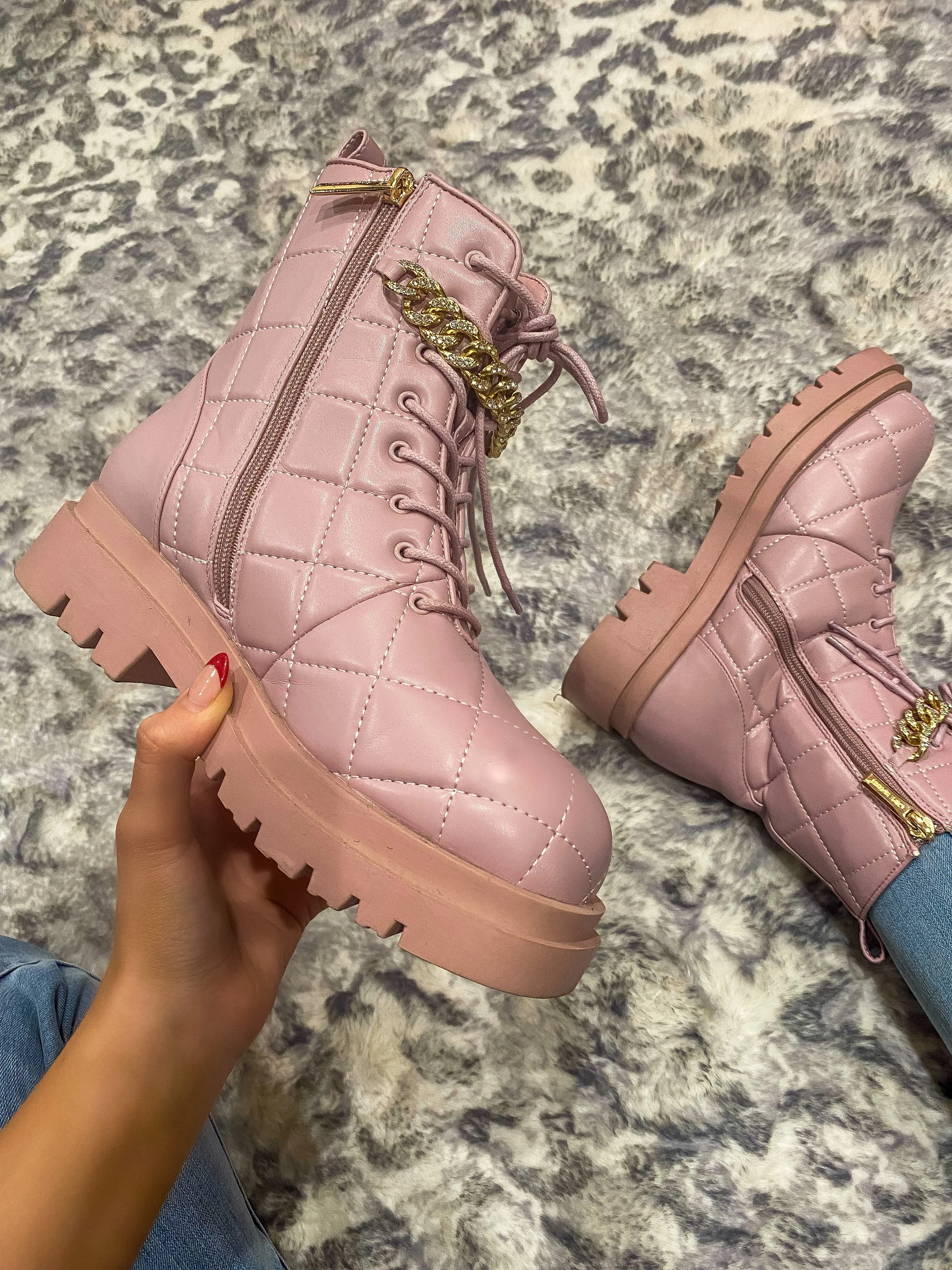 Styled Steps Pink Quilted Chain Detail Chunky Lace Up Booties