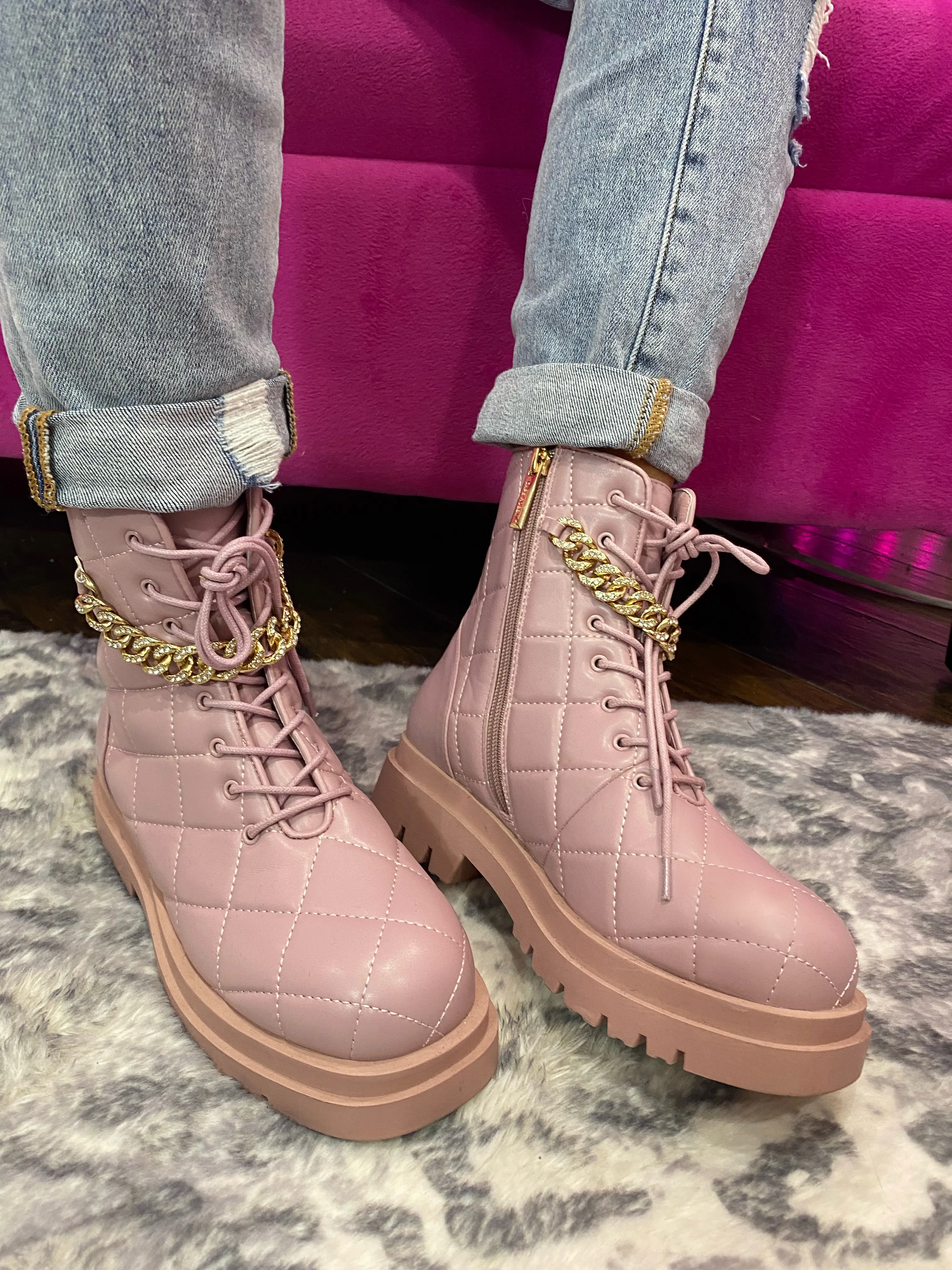 Styled Steps Pink Quilted Chain Detail Chunky Lace Up Booties