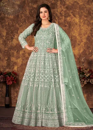 Tempting Sea Green Cording Embroidered Wedding Anarkali Dress