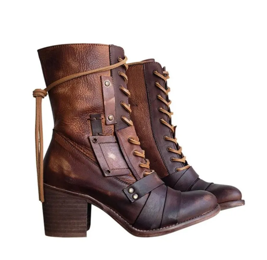 Uniwim Christmas Gifts Thick High Heel Lace-up Leather Strapped Boots