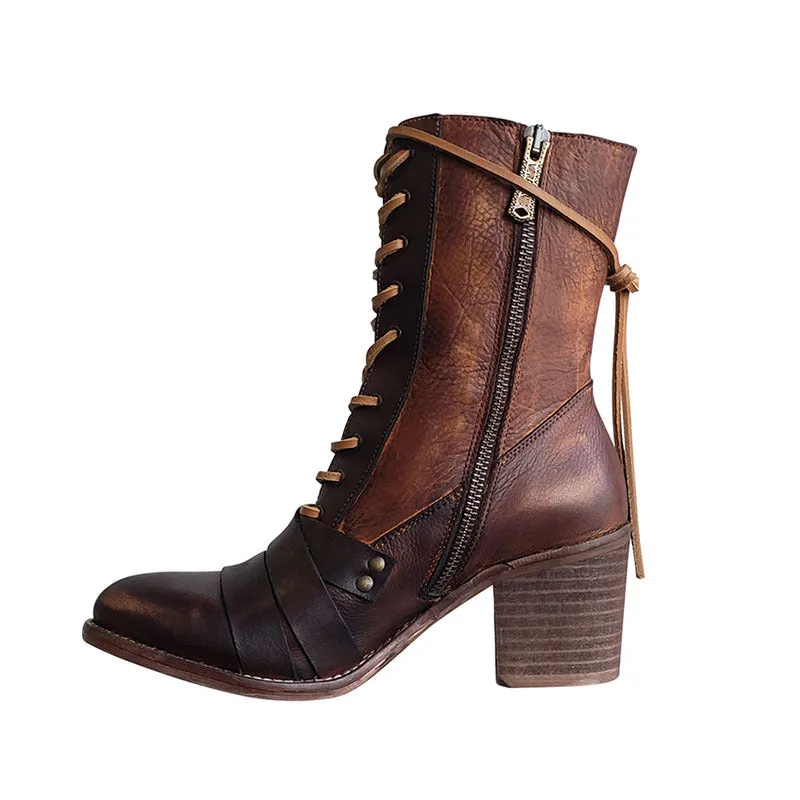 Uniwim Christmas Gifts Thick High Heel Lace-up Leather Strapped Boots