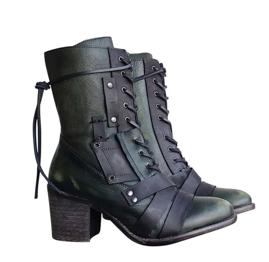 Uniwim Christmas Gifts Thick High Heel Lace-up Leather Strapped Boots