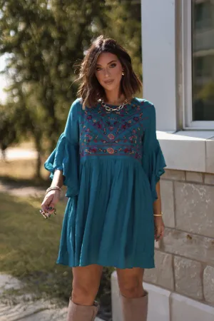 Whimsical Teal Floral Embroidered Mini Dress - FINAL SALE