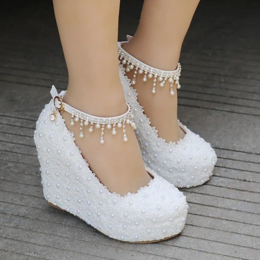 White lace platform wedge wedding shoes with ankle tassels pearls