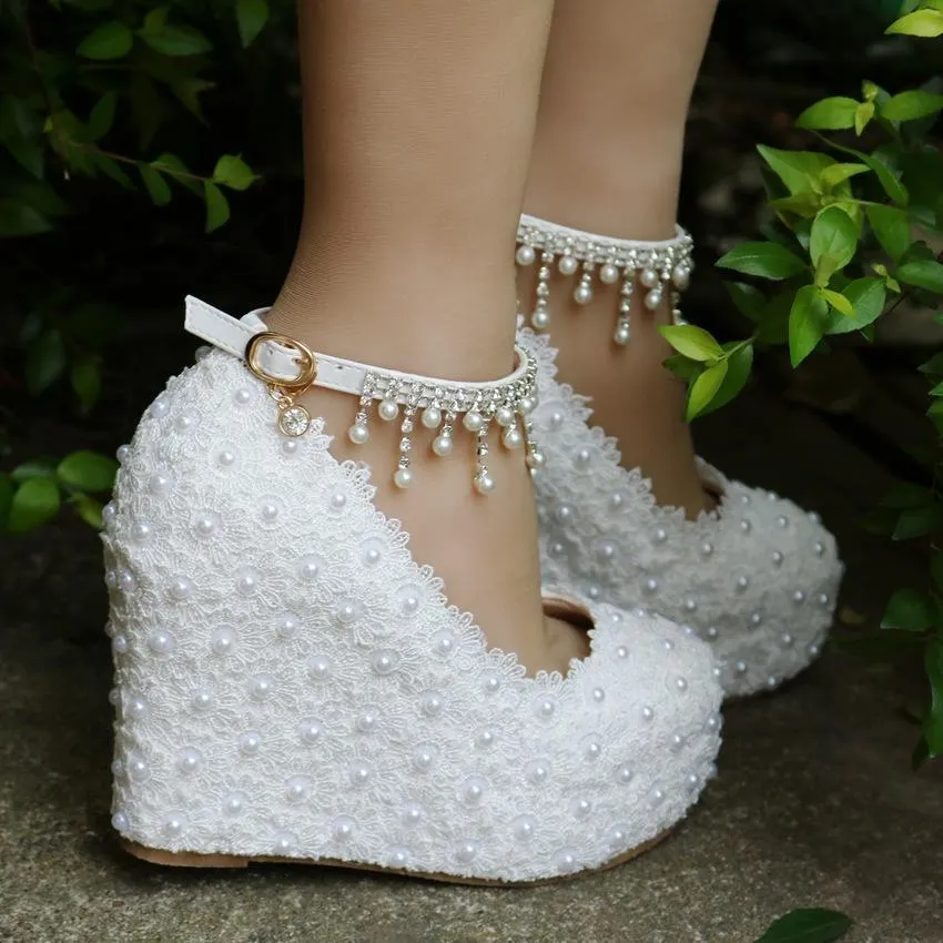 White lace platform wedge wedding shoes with ankle tassels pearls