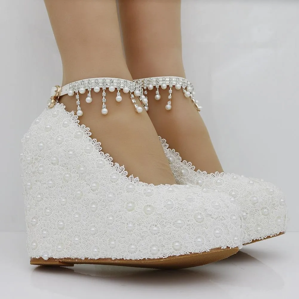 White lace platform wedge wedding shoes with ankle tassels pearls