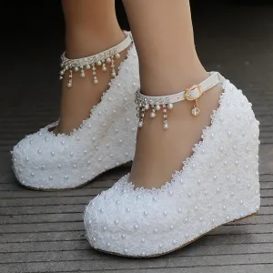 White lace platform wedge wedding shoes with ankle tassels pearls