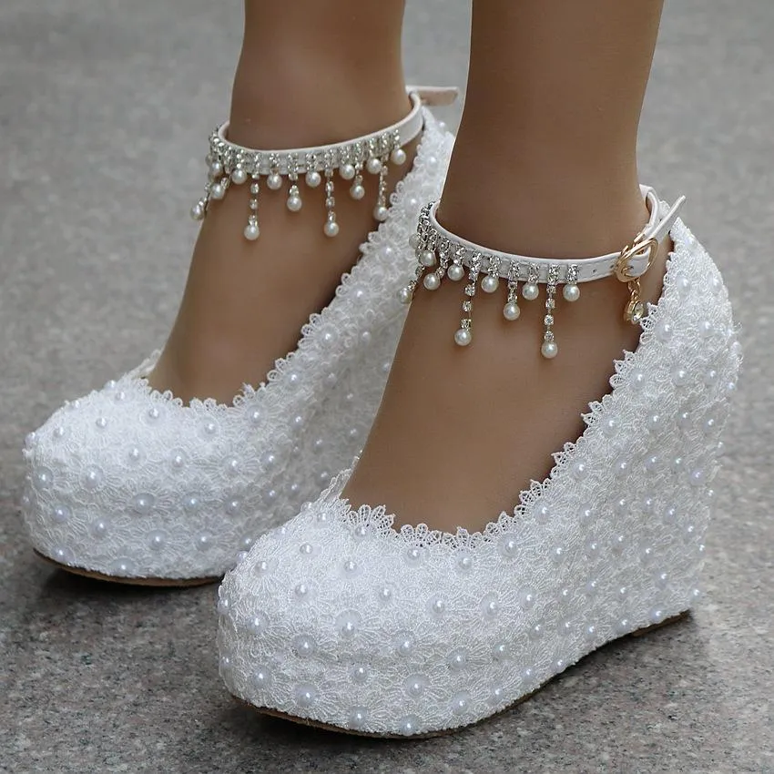 White lace platform wedge wedding shoes with ankle tassels pearls