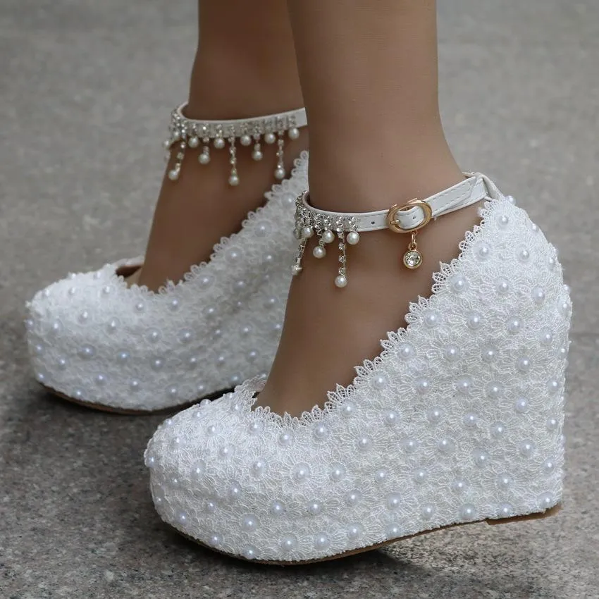 White lace platform wedge wedding shoes with ankle tassels pearls