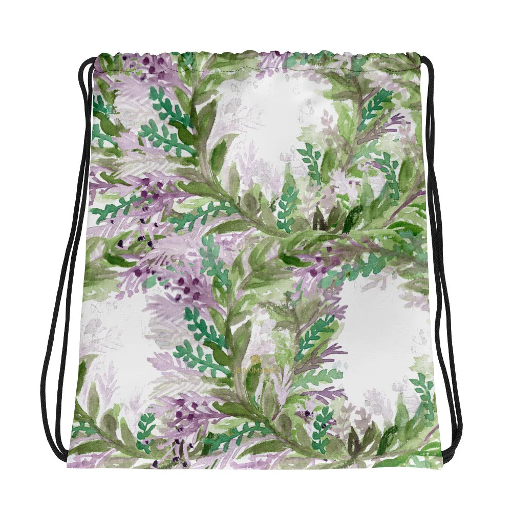 White Lavender Drawstring Bag, Floral Print Premium Travel Designer Bag-Made in USA/EU