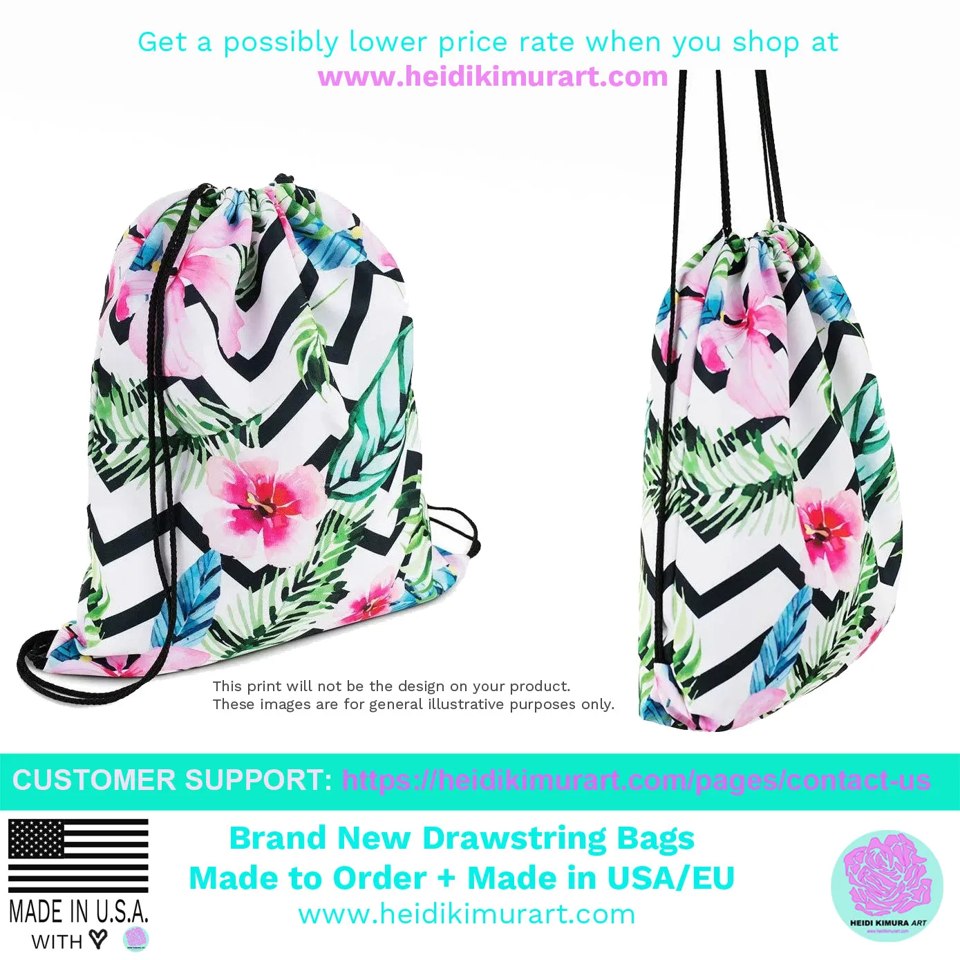 White Lavender Drawstring Bag, Floral Print Premium Travel Designer Bag-Made in USA/EU