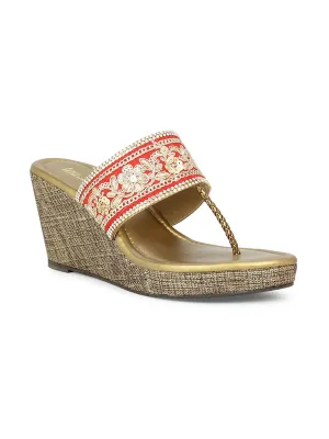 Women Antique Embellished Ethnic Wedge Heel