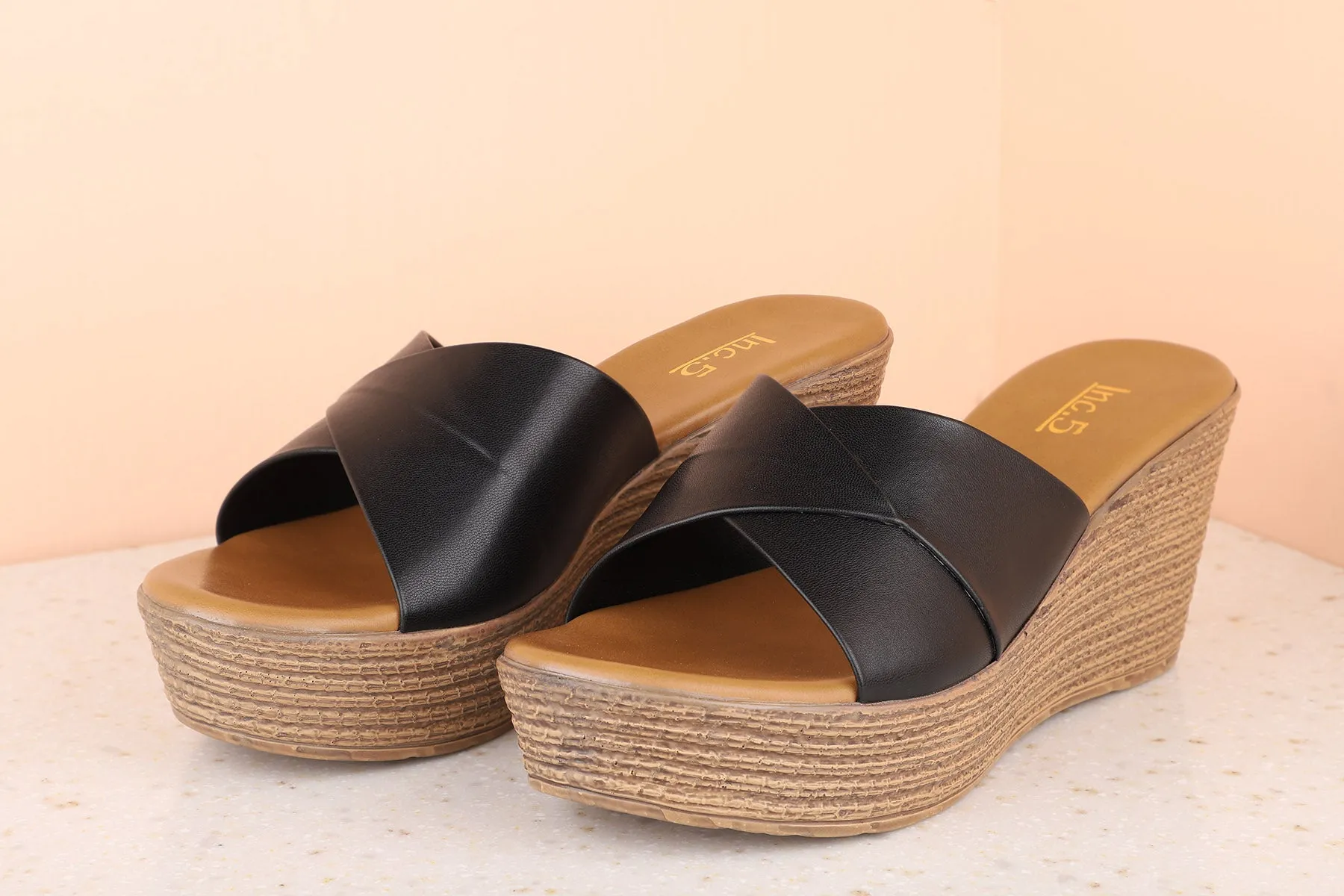 Women Black Solid Wedge Sandals