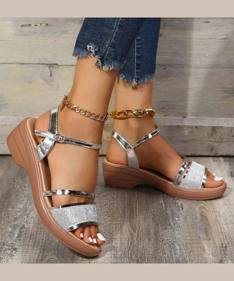 Women Silver Wedge Heels Sandals Peep Toe Buckle Strap Summer UU005