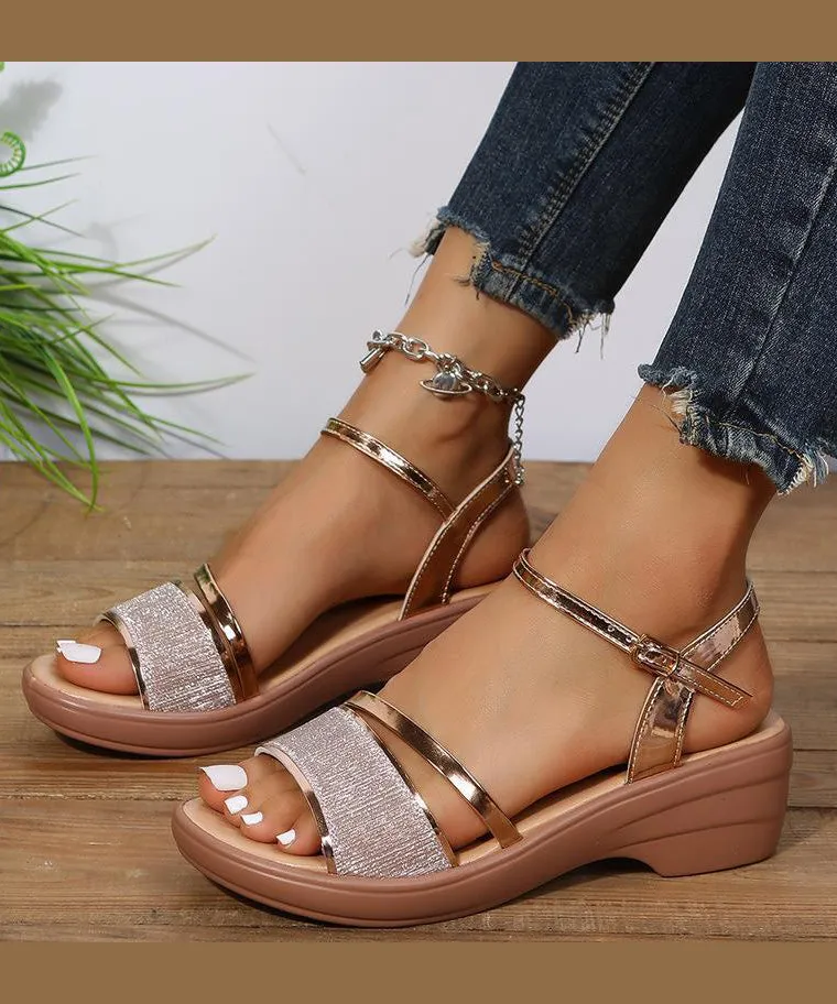 Women Silver Wedge Heels Sandals Peep Toe Buckle Strap Summer UU005