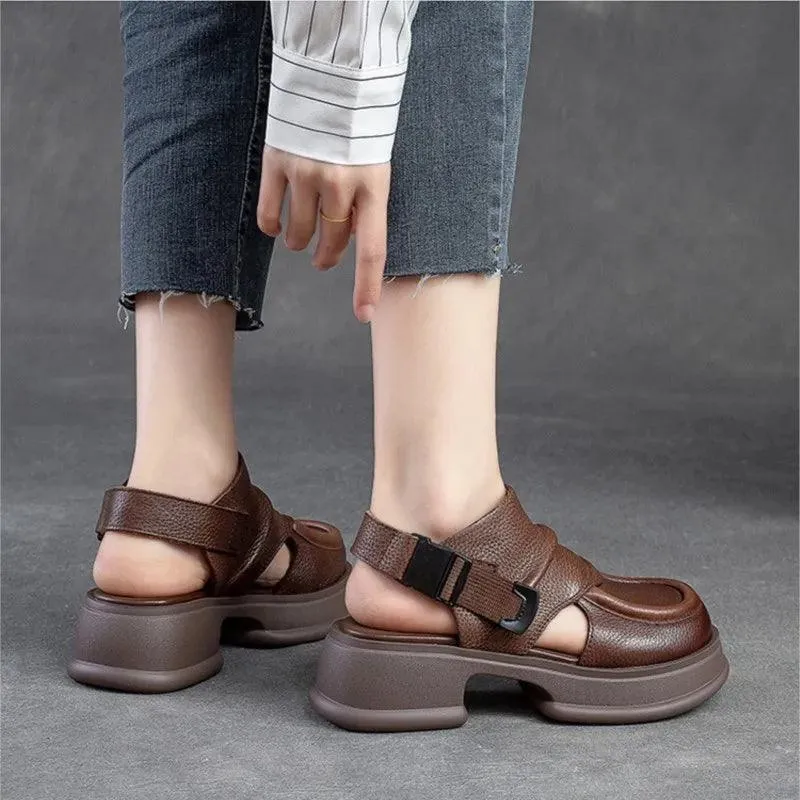 Women's Casual Shoes GC228: Leather Platform Wedge Flat Sandals