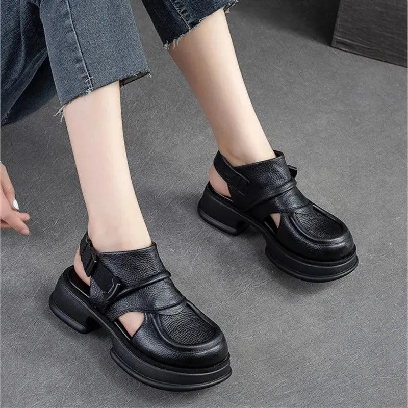 Women's Casual Shoes GC228: Leather Platform Wedge Flat Sandals