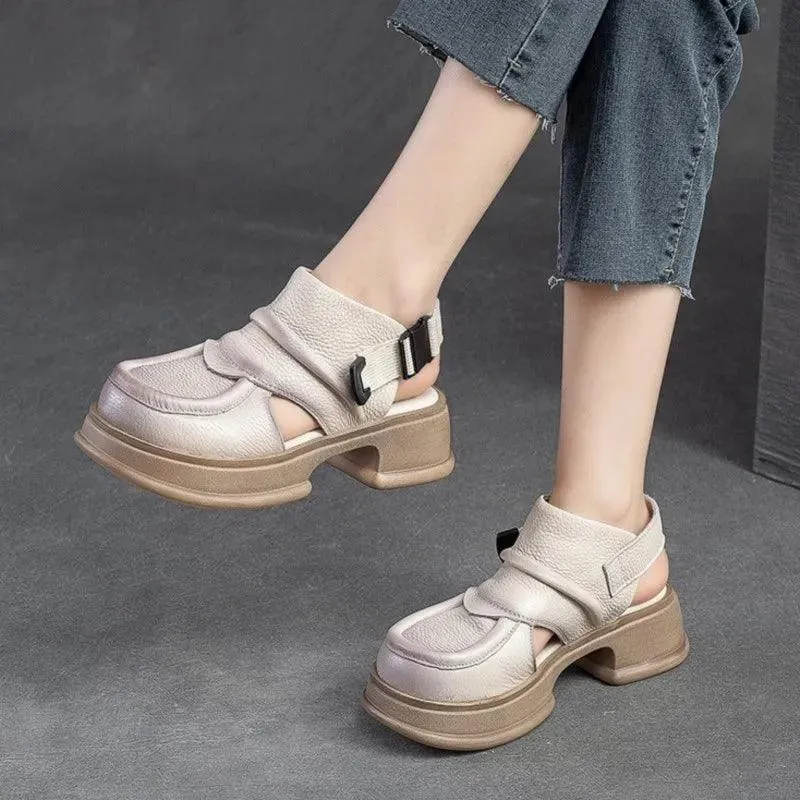 Women's Casual Shoes GC228: Leather Platform Wedge Flat Sandals