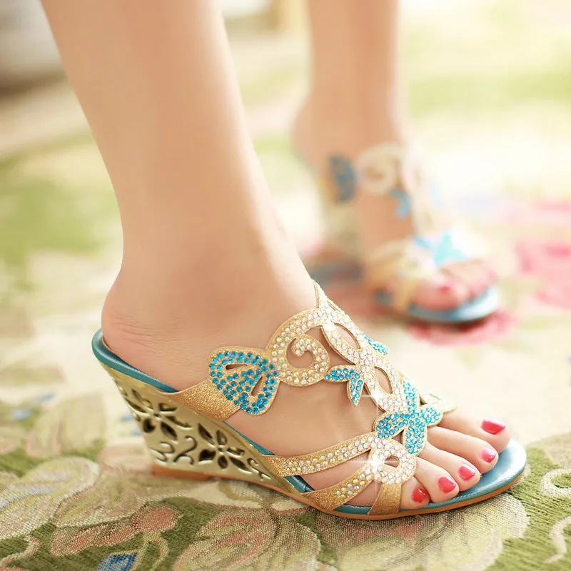 Women's Rhinestone Wedge Heels Sandals Dress Shoes for Summer 3872