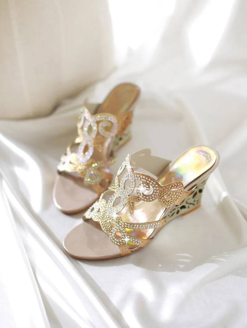 Women's Rhinestone Wedge Heels Sandals Dress Shoes for Summer 3872