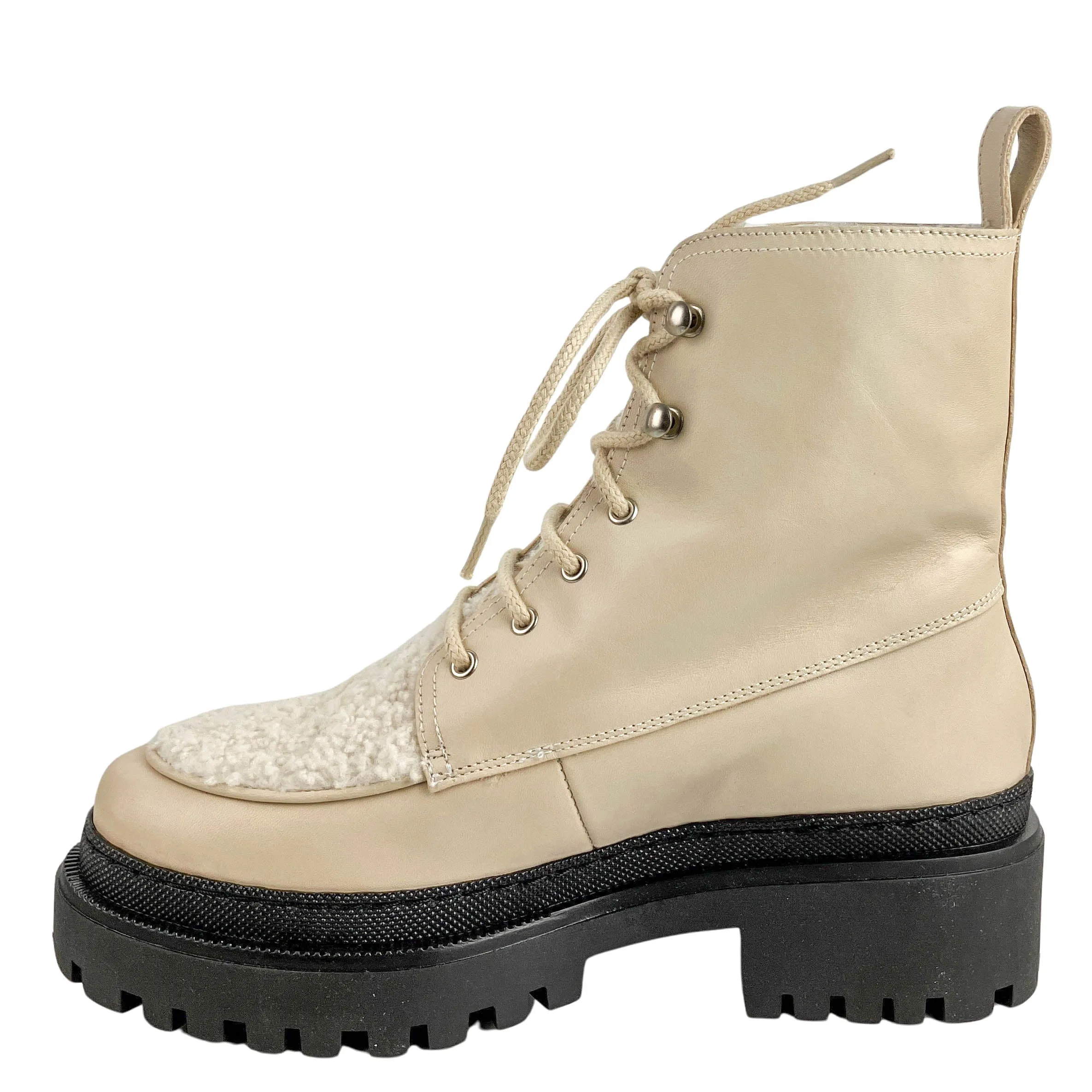 Yves Salomon Bouclé Lace Up Boots in Cream