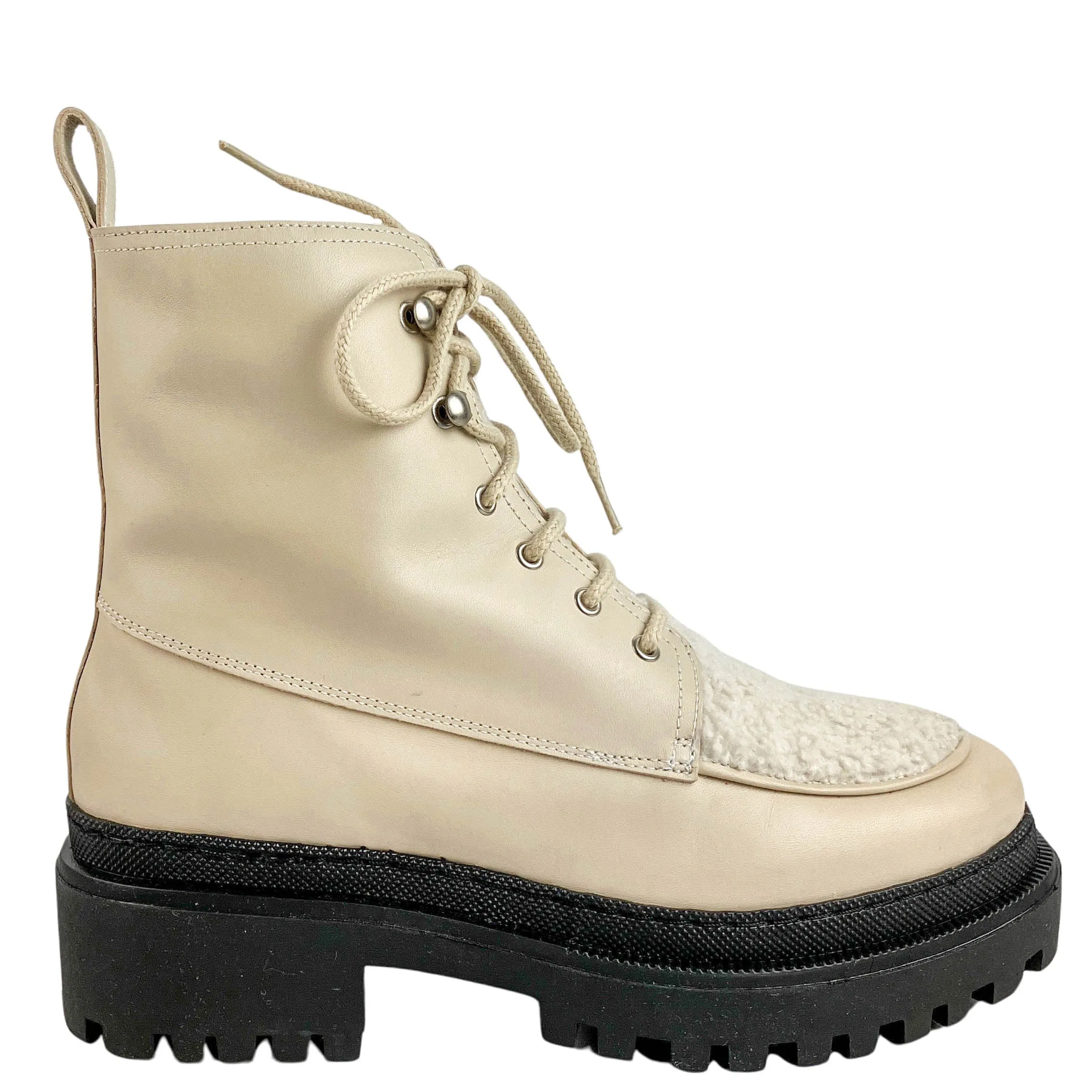 Yves Salomon Bouclé Lace Up Boots in Cream